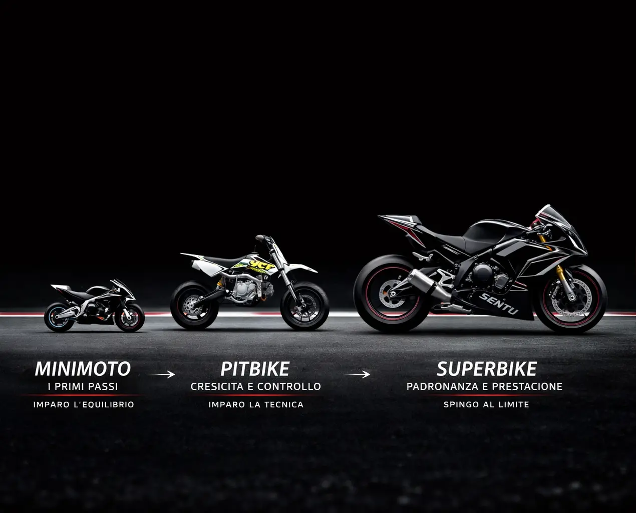Tre moto in grafica nera per Minimoto, Pitbike e Superbike, con messaggi su equilibrio, tecnica e padronanza della Swiss Racing Academy SRA.