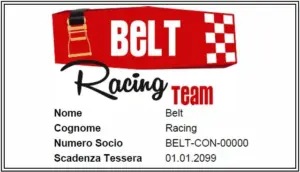 La tessera associativa Belt Racing mostra il logo Belt Racing Team, i campi Nome, Cognome e Numero Socio, con scadenza 01.01.2099.